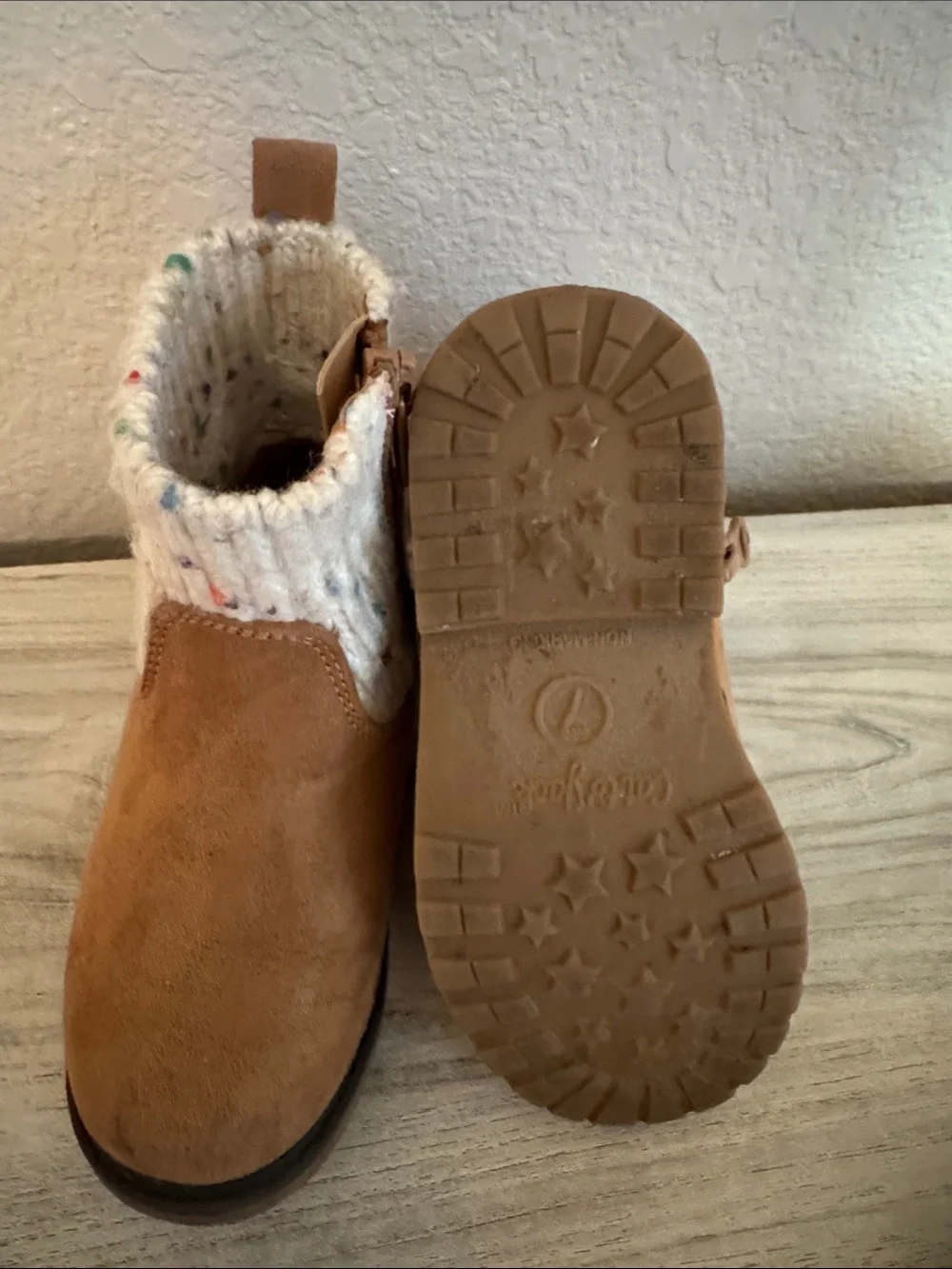 Cat & Jack Tan Booties with Cream Speckled Knit Cuff